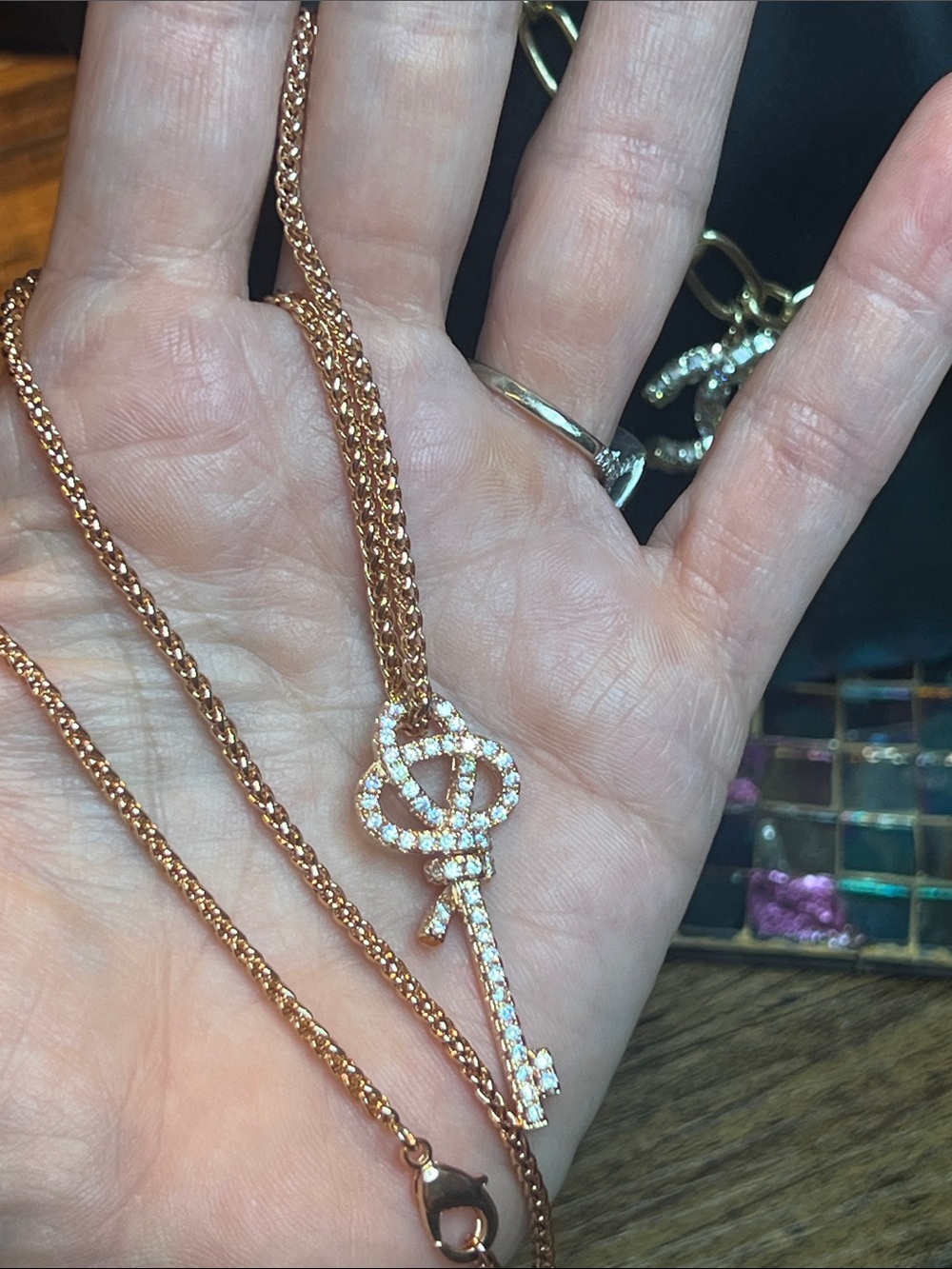 Rose Gold Crystal Key Necklace — Dainty Sparkling Pendant